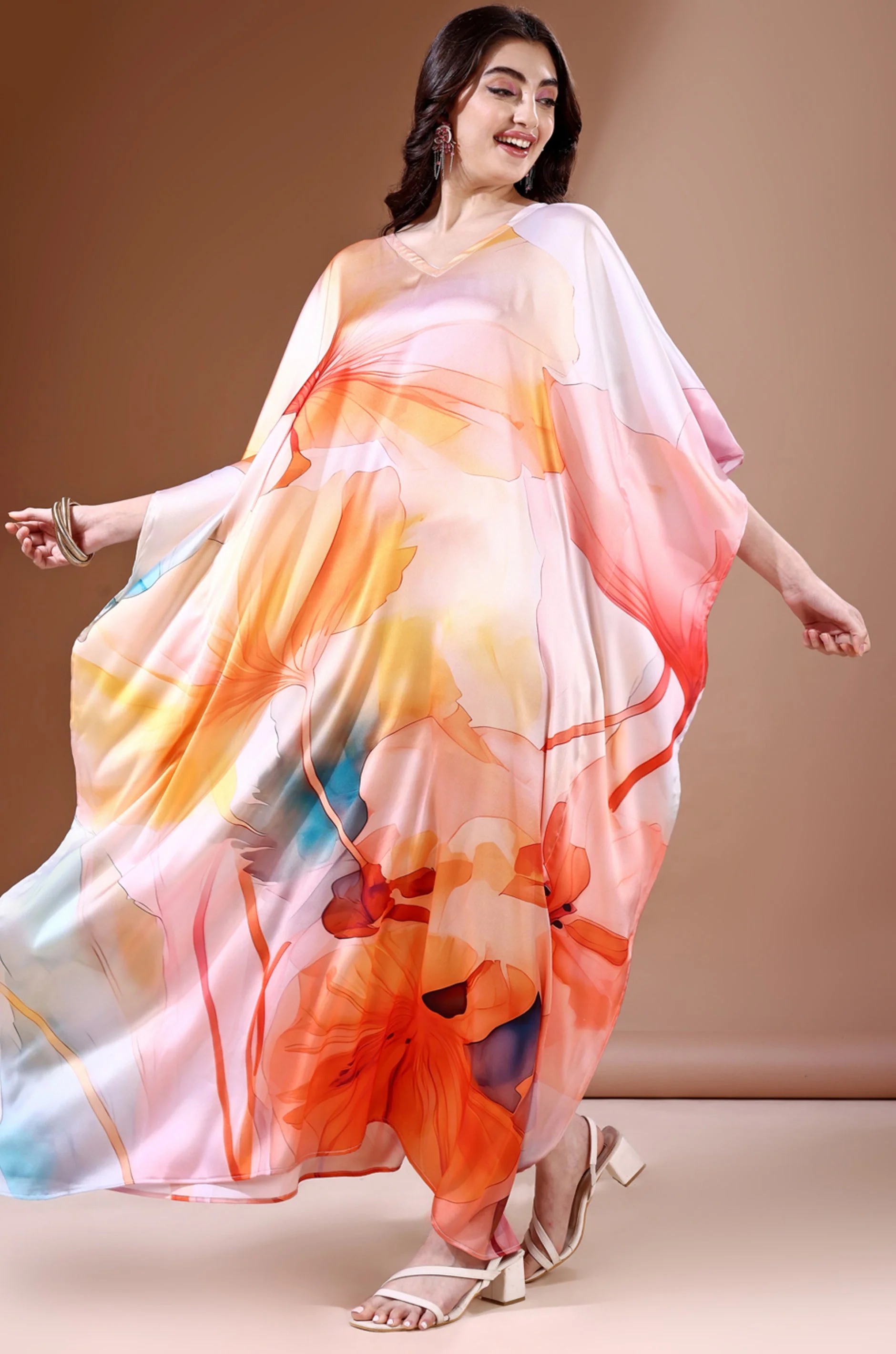 Vibrant Oasis Soft Satin Kaftan With Digital Print - Image 6