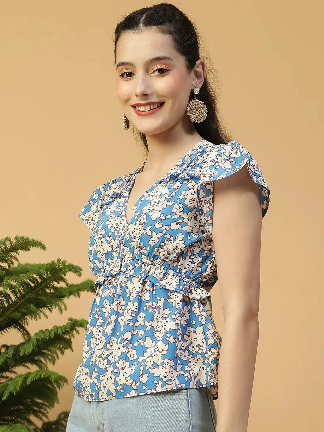 Vintage Blue Floral Print Short sleeve Frill Detail Women Peplum Top - Image 3