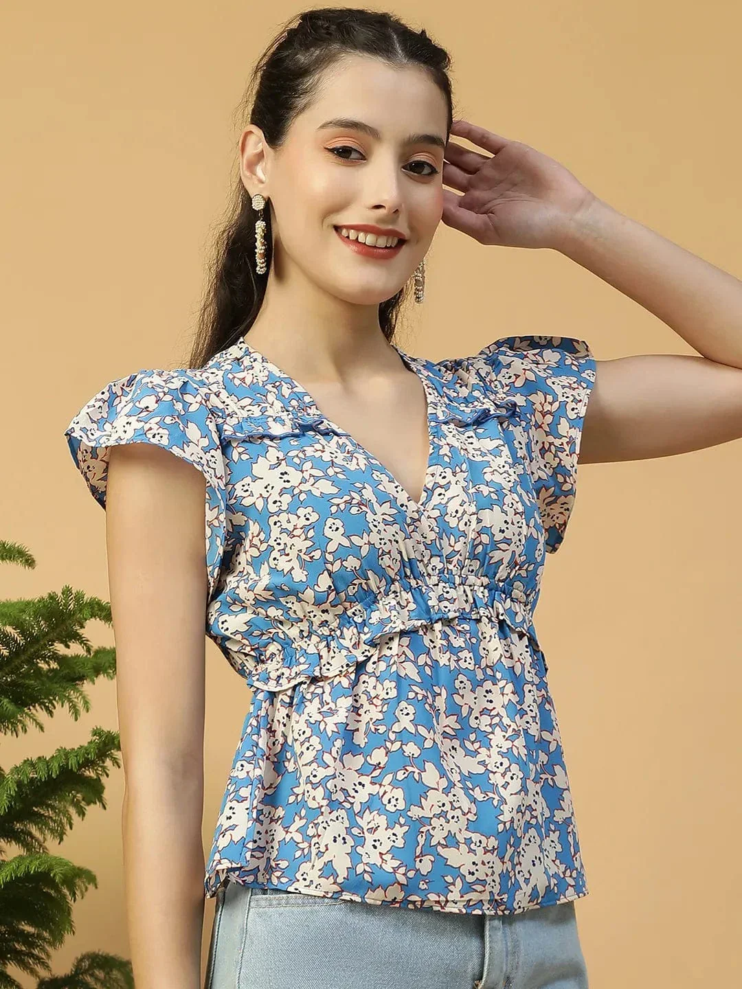 Vintage Blue Floral Print Short sleeve Frill Detail Women Peplum Top - Image 4