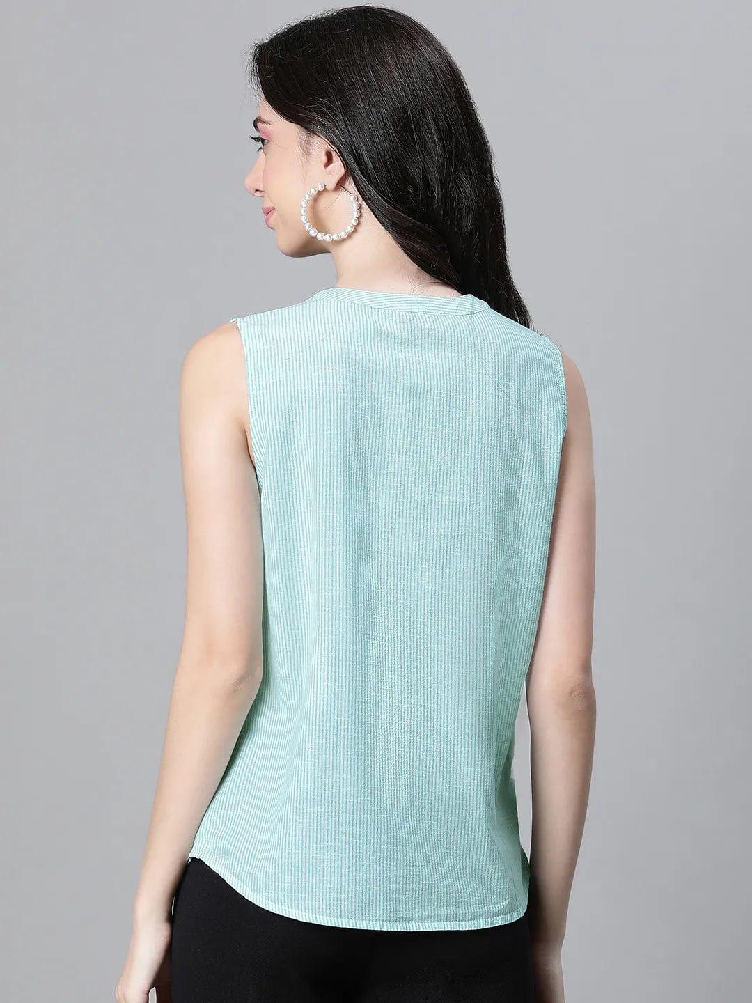 Vogue Blue Stripe Print Buttoned Sleeveless Cotton Top - Image 5