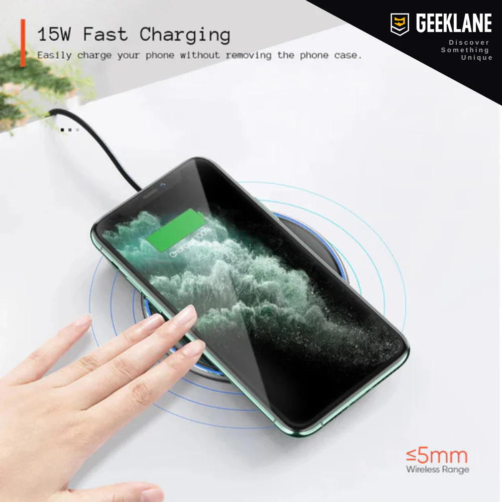 Voltique: 15W Transparent Wireless Charging Pad with LED Aura Ring – Fast Charging with Type-C Cable & Compatibility for iPhone 15–11 & All QI-Enabled Devices - Image 2