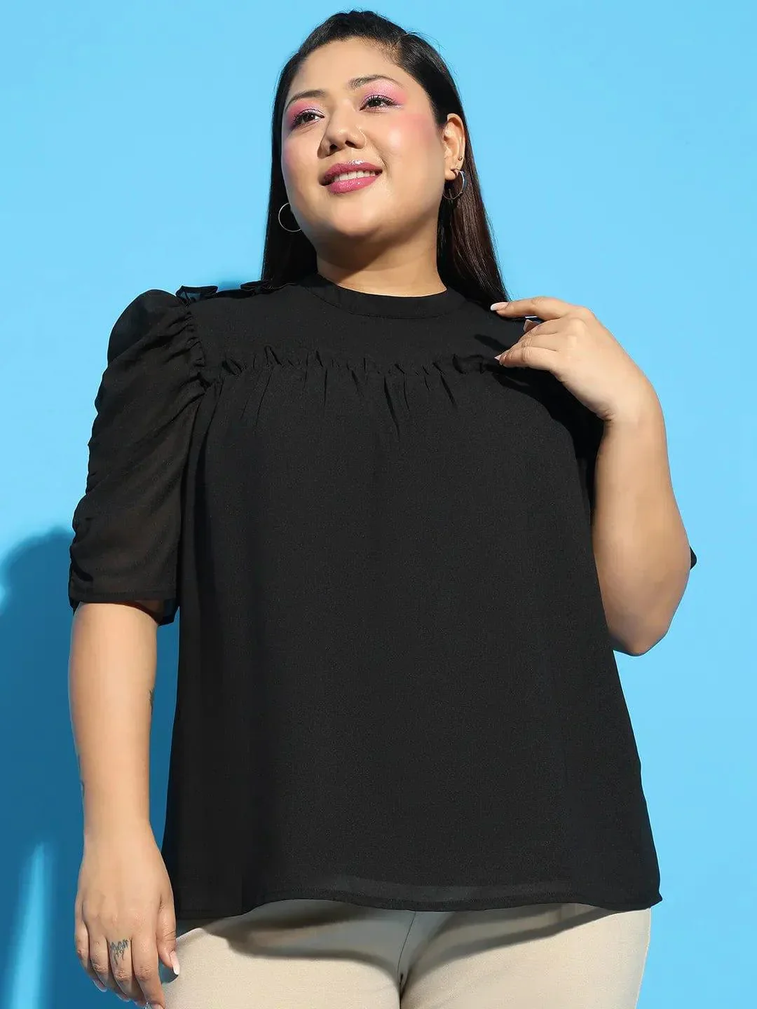 Wagger Black Short Sleeve With Gather Pleates Ruffle Detail Plus Size Women Loopy Top