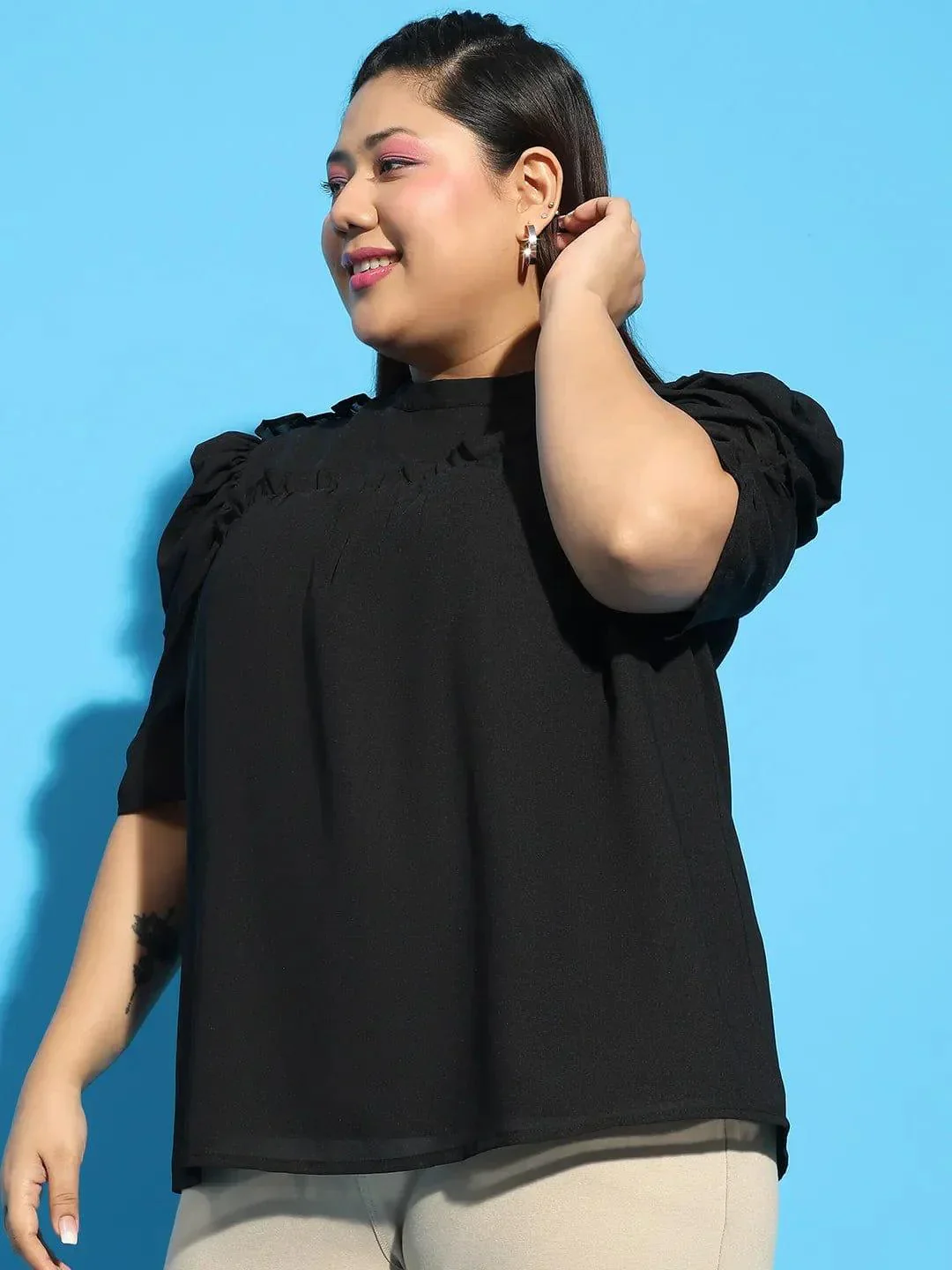 Wagger Black Short Sleeve With Gather Pleates Ruffle Detail Plus Size Women Loopy Top - Image 3
