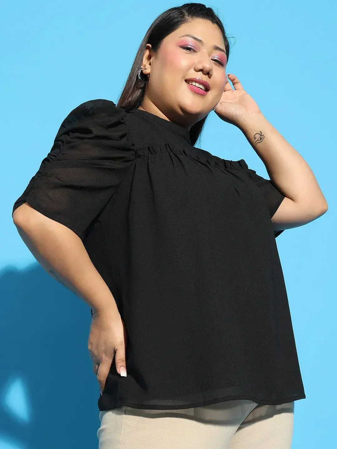 Wagger Black Short Sleeve With Gather Pleates Ruffle Detail Plus Size Women Loopy Top - Image 4