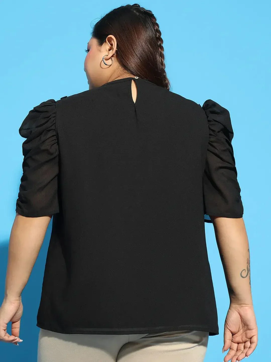 Wagger Black Short Sleeve With Gather Pleates Ruffle Detail Plus Size Women Loopy Top - Image 5