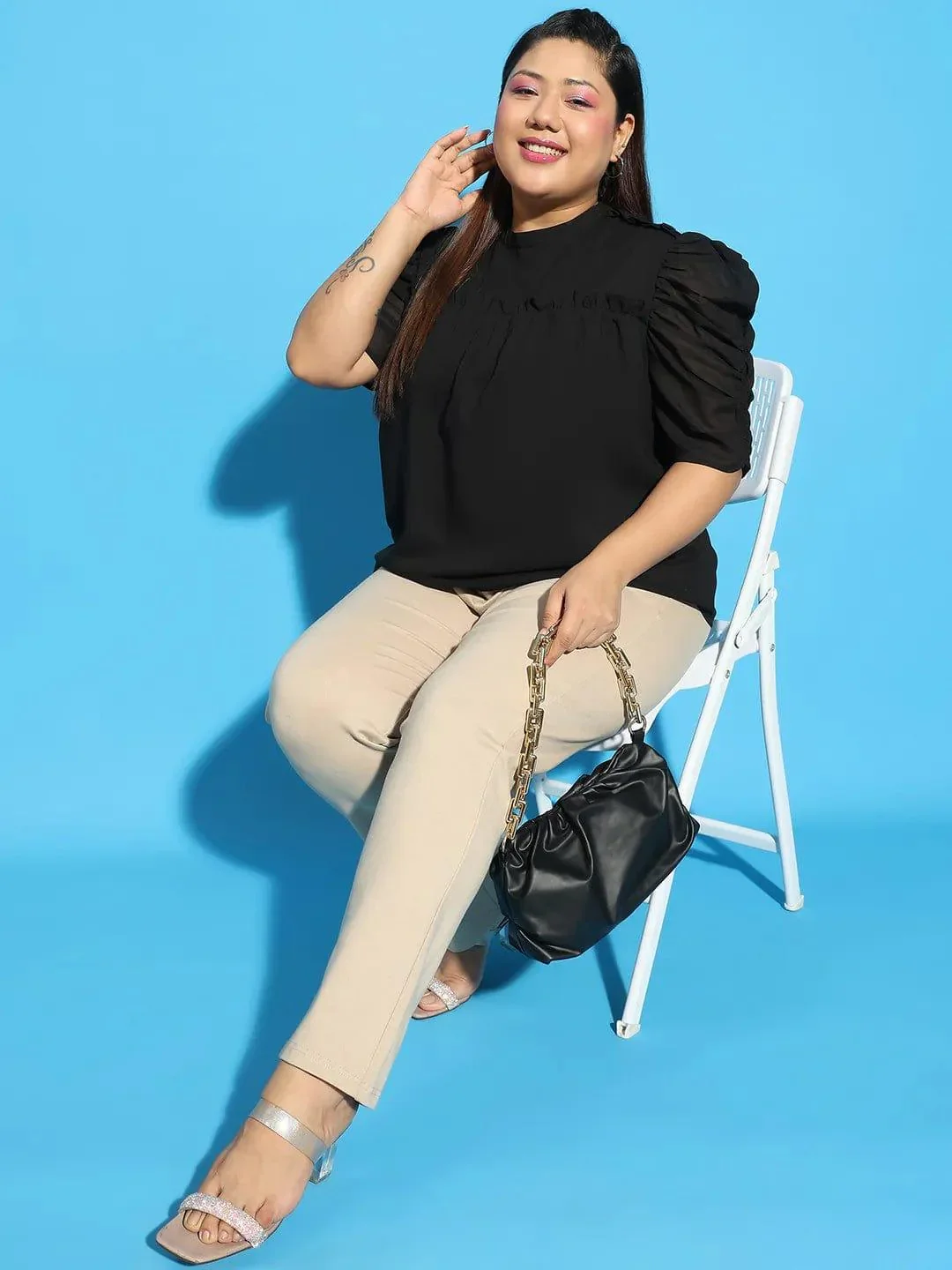 Wagger Black Short Sleeve With Gather Pleates Ruffle Detail Plus Size Women Loopy Top - Image 7