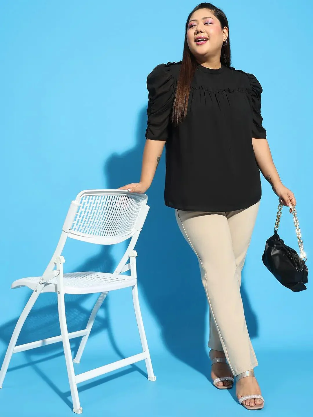 Wagger Black Short Sleeve With Gather Pleates Ruffle Detail Plus Size Women Loopy Top - Image 8