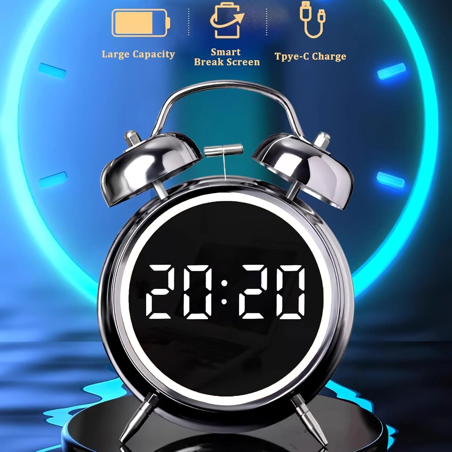 Wakee: Retro LED Alarm Clock with Twin Bells – Extra Loud Battery-Powered Clock for Heavy Sleepers, Stylish Wake-Ups & Desk or Bedroom Decor - Image 2