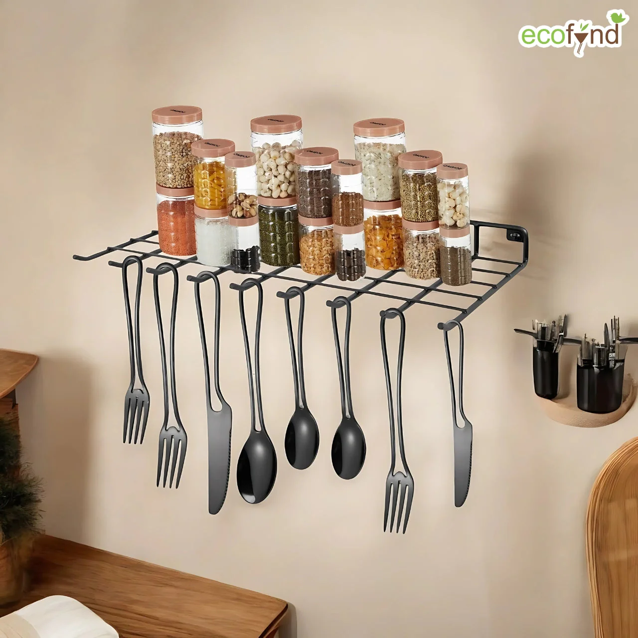 Wall Mounted Spice Rack Organizer with Cutlery Holder - Image 5