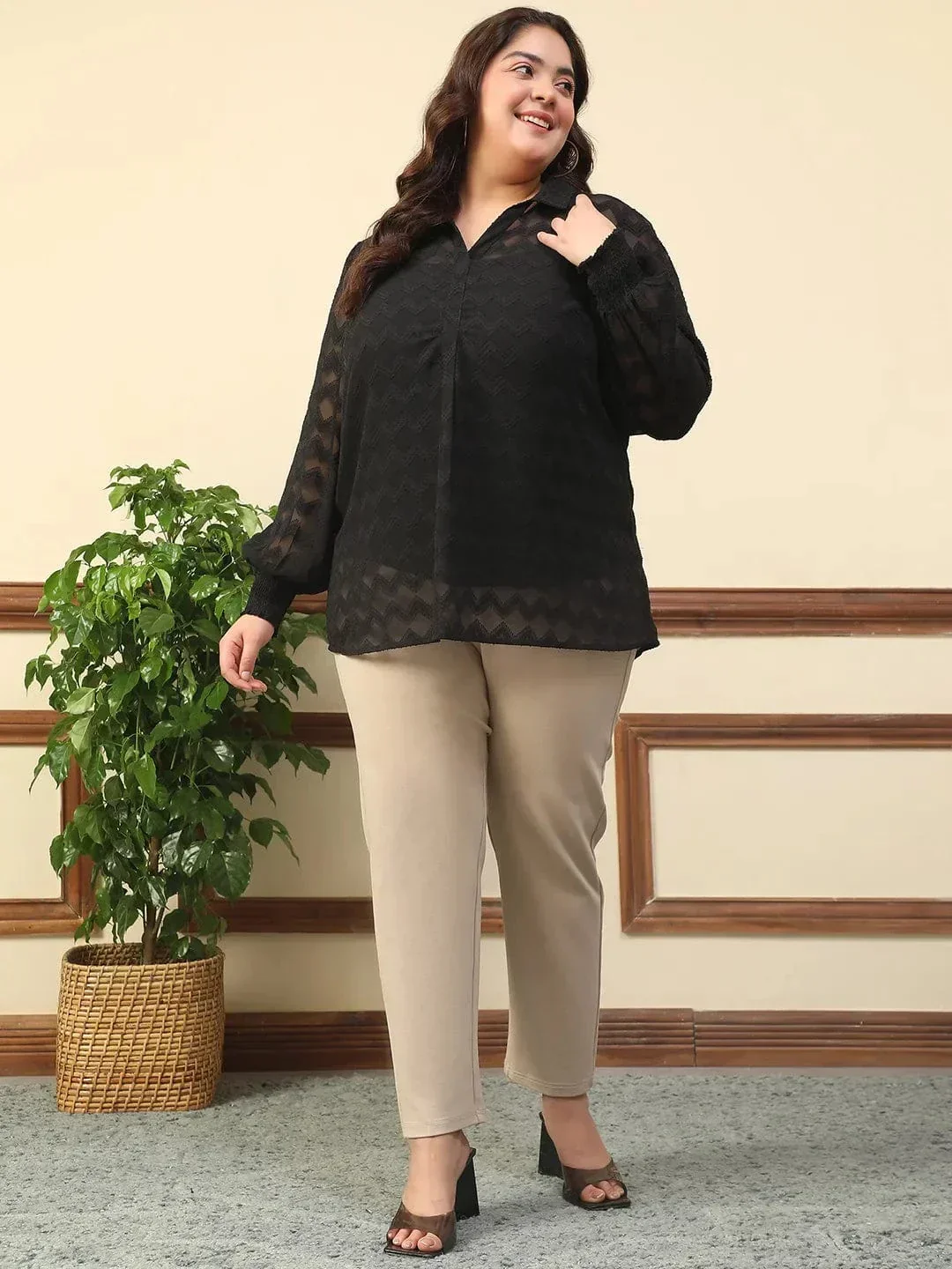Wamper Black Collared Long Sleeve Plus Size Women Poly Dobby Top - Image 2
