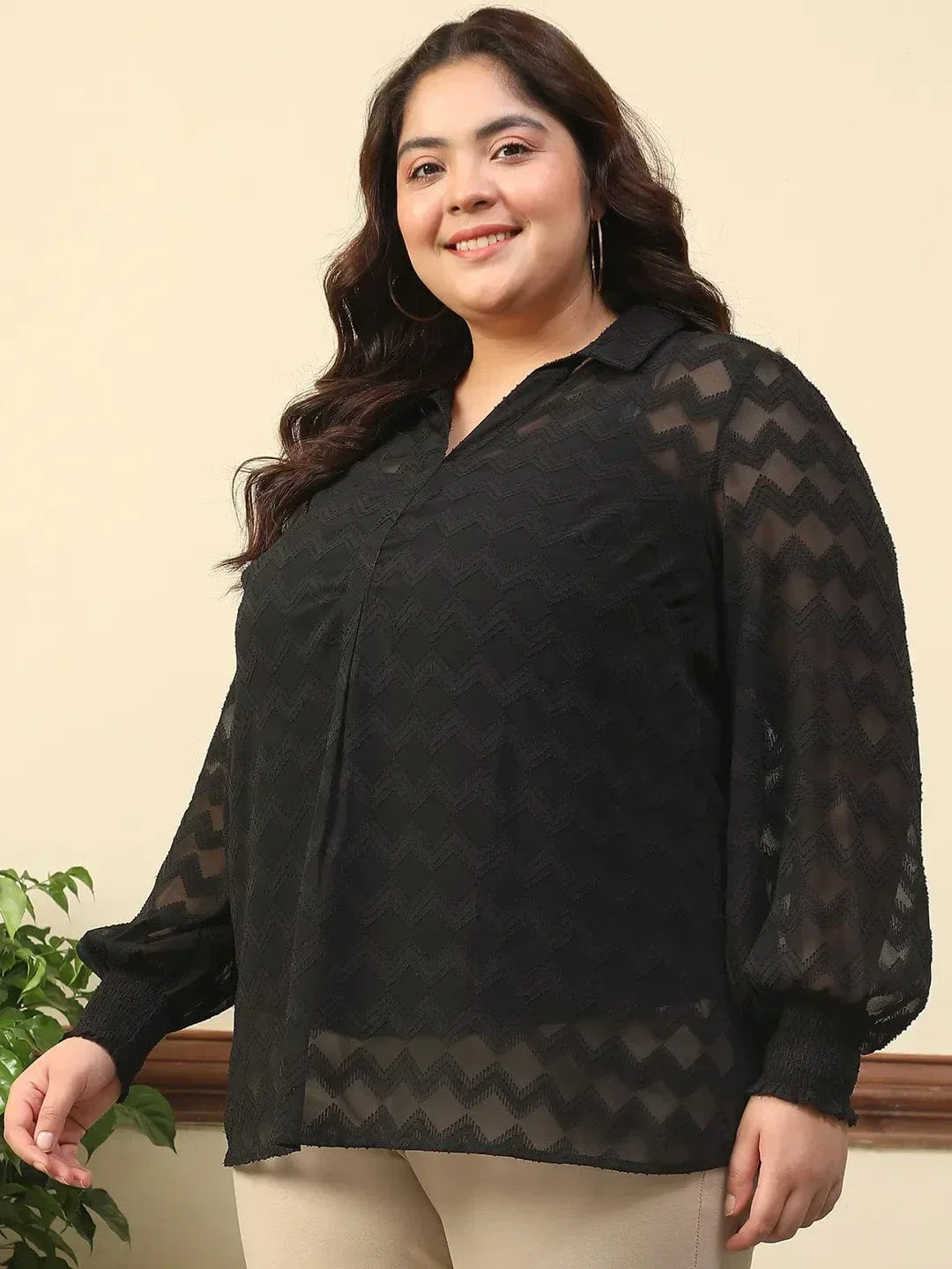 Wamper Black Collared Long Sleeve Plus Size Women Poly Dobby Top - Image 3