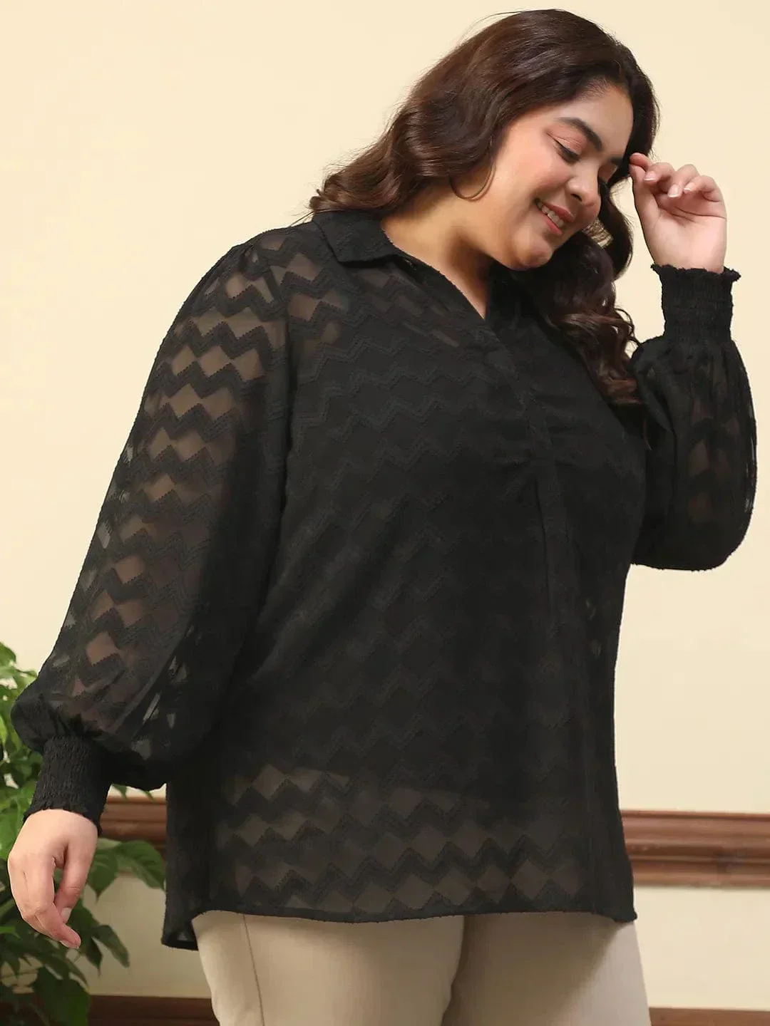 Wamper Black Collared Long Sleeve Plus Size Women Poly Dobby Top - Image 4