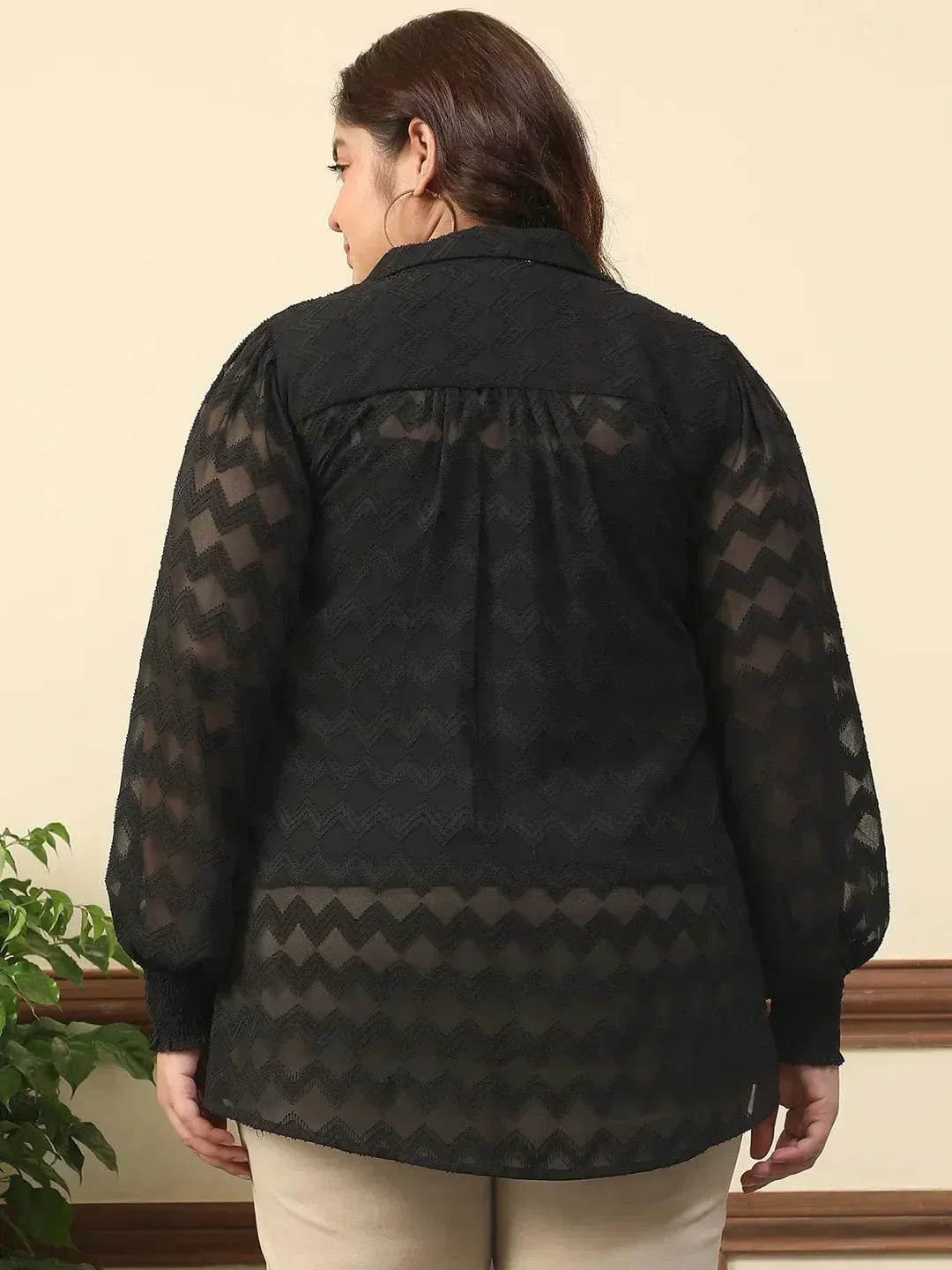 Wamper Black Collared Long Sleeve Plus Size Women Poly Dobby Top - Image 5
