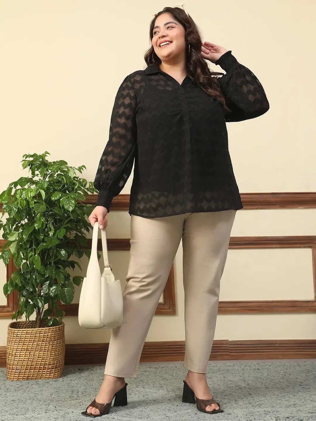 Wamper Black Collared Long Sleeve Plus Size Women Poly Dobby Top - Image 7