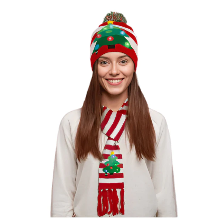 Warm Knitted LED Christmas Cap and Scarf Set