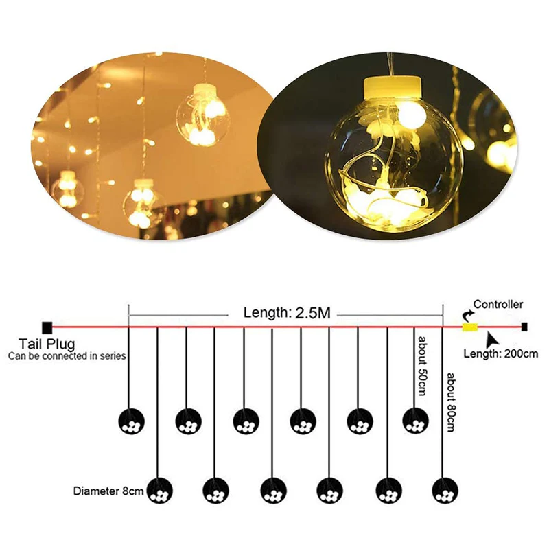 Warm White Curtain String LED Wish Balls Light (Pack of 1 With 12Pcs Wish Balls, 180 LED, 8 Mode) - Image 7