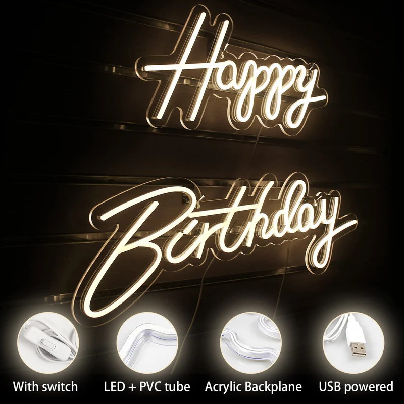 Warm White Led Neon Sign Of Happy Birthday Cursive Letters Dimmable Switch - Image 3