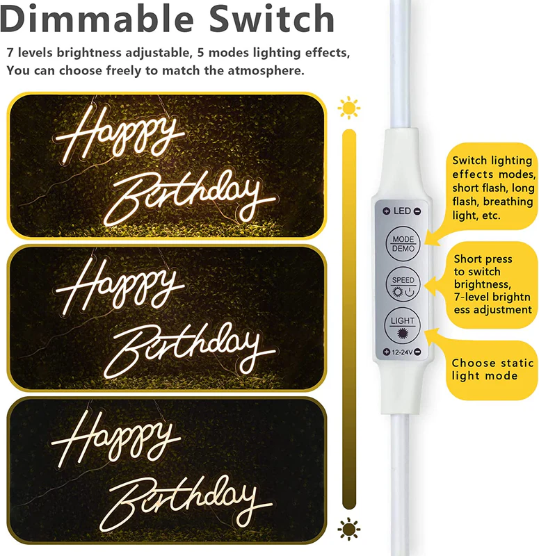 Warm White Led Neon Sign Of Happy Birthday Cursive Letters Dimmable Switch - Image 5