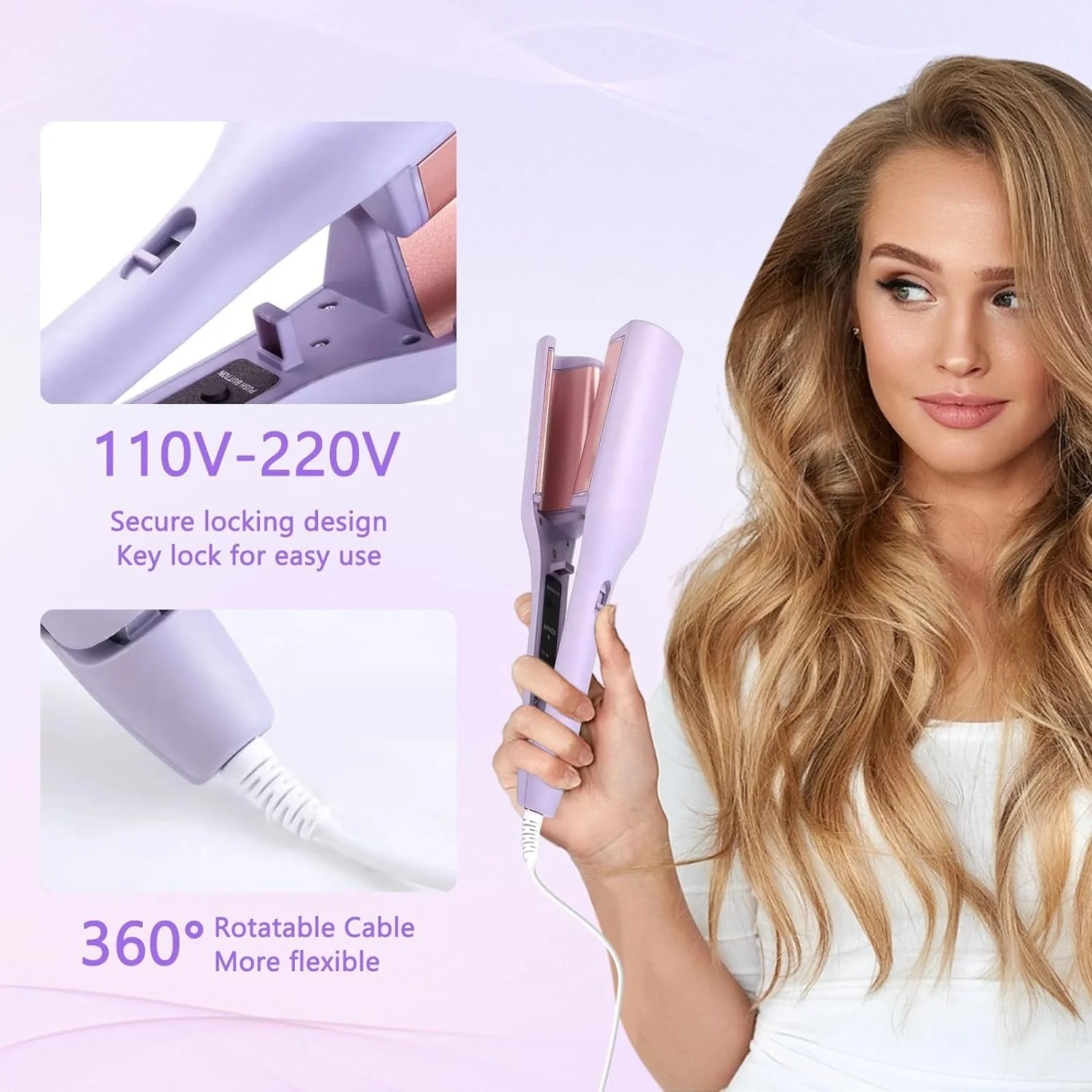 WavePro: 32mm Wave Barrel Curling Iron with Ionic Technology, 4 Temp Settings & Ceramic Hair Crimper for Deep Waves - Image 2
