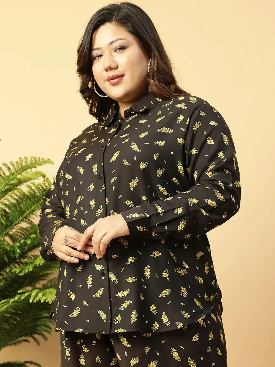 Well Black rayon print Collared Button-Down Plus-Size Women Shirt - Image 3