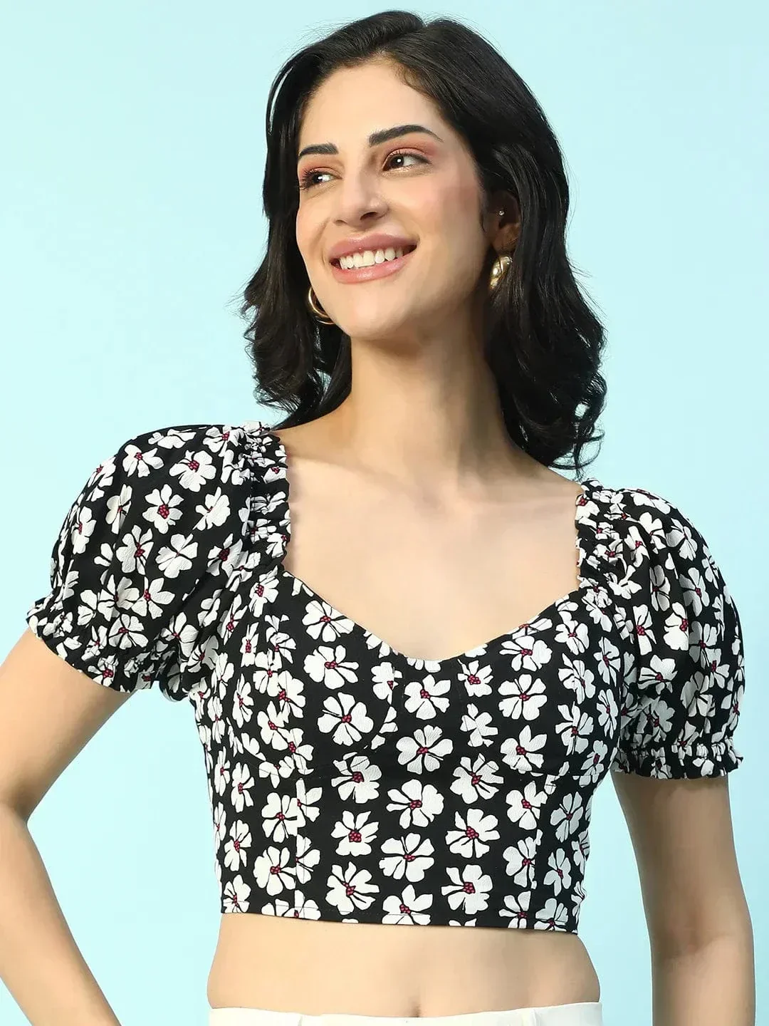 Whirl Black Floral Print Smocking Detail Women Crop Top