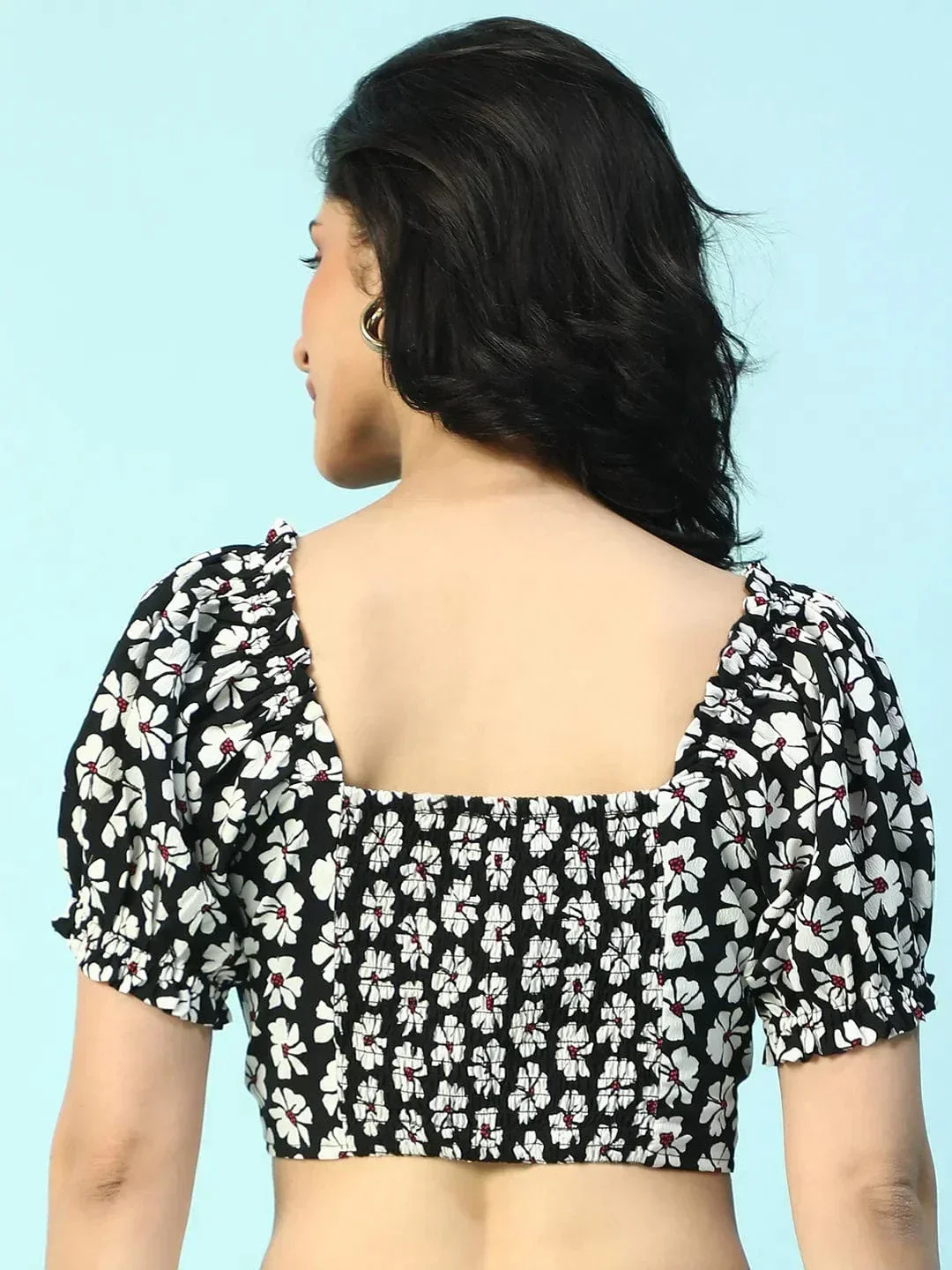 Whirl Black Floral Print Smocking Detail Women Crop Top - Image 5
