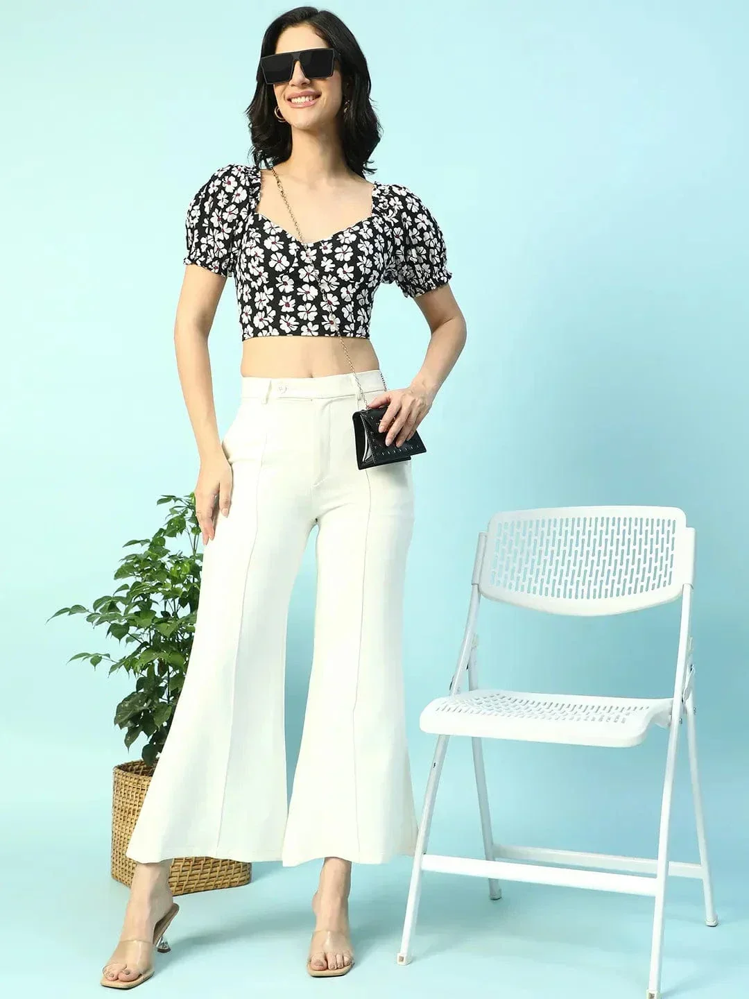 Whirl Black Floral Print Smocking Detail Women Crop Top - Image 8