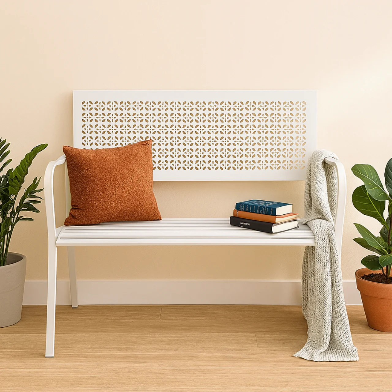 White 2-Seater Garden Bench – Compact Iron Outdoor Seating