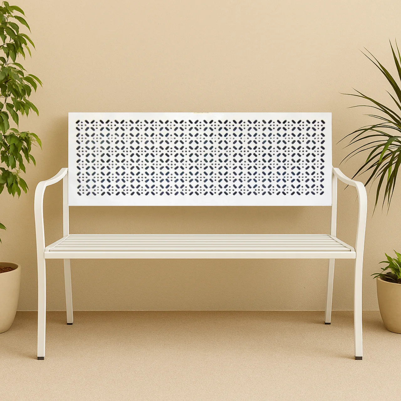 White 2-Seater Garden Bench – Compact Iron Outdoor Seating - Image 2