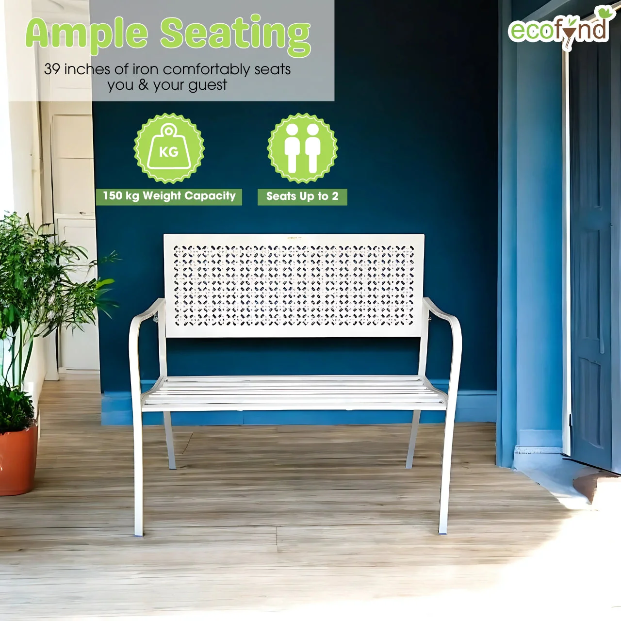 White 2-Seater Garden Bench – Compact Iron Outdoor Seating - Image 9