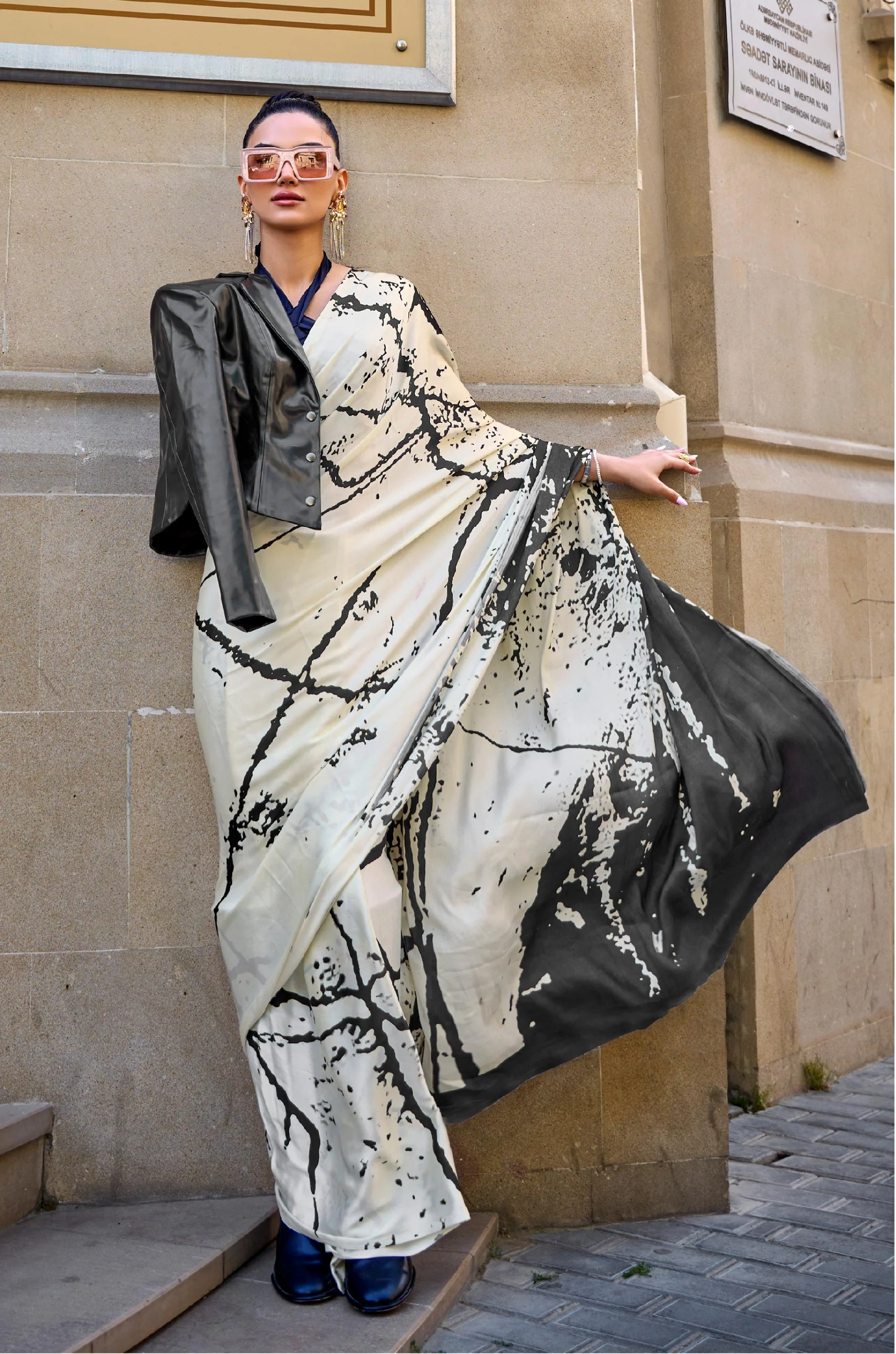 White And Black Digital Print Satin Crepe Saree