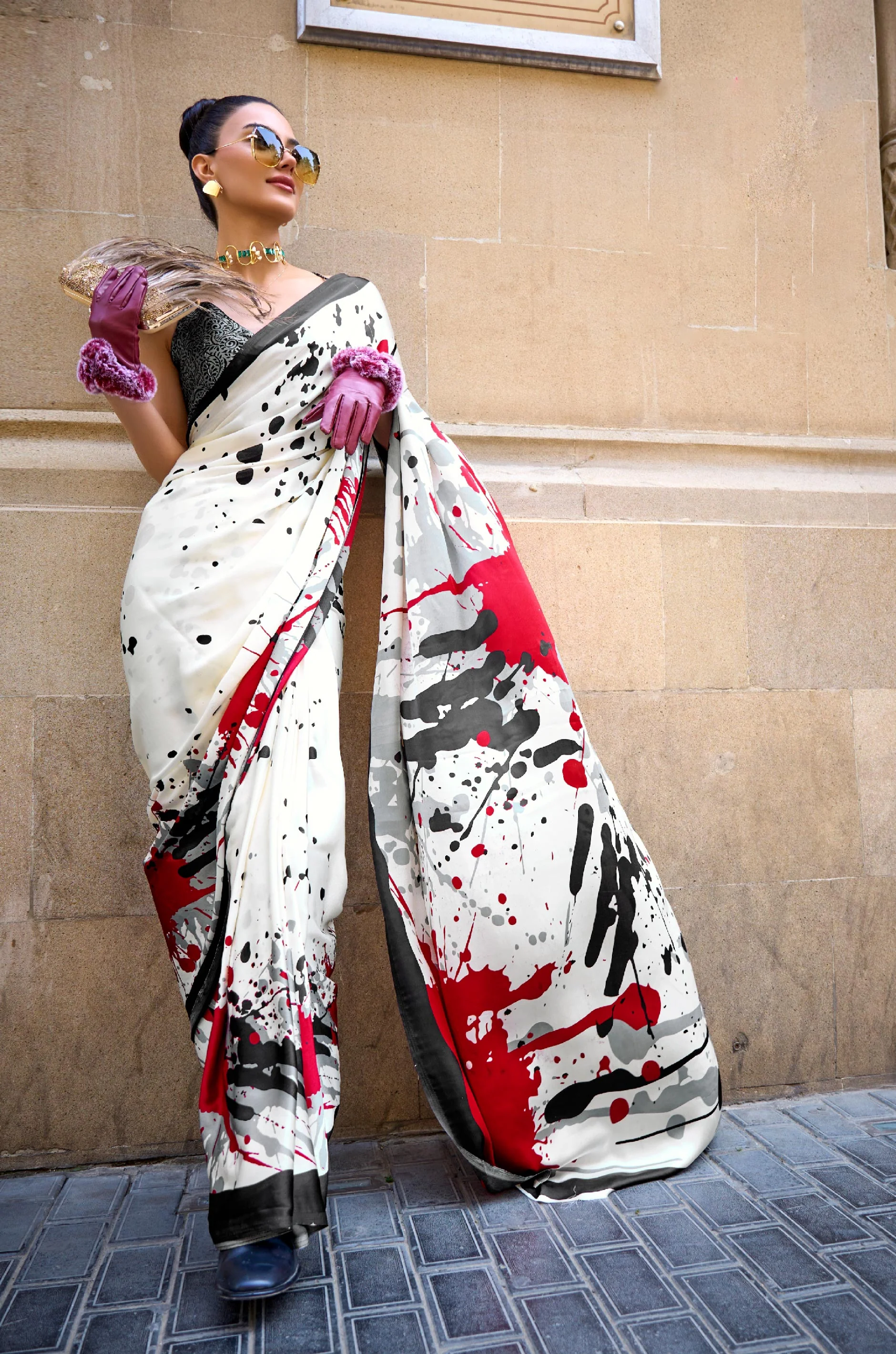 White And Red Digital Print Satin Crepe Saree