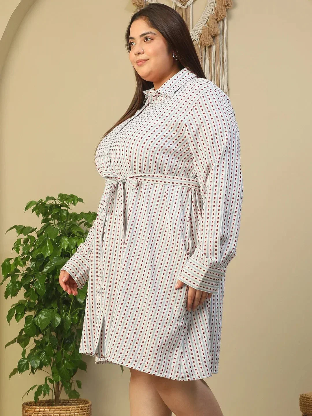 White Collared Button Down With Waist Belt Plus Size Women Yarn Dyed Cotton Dobby Dress - Image 3