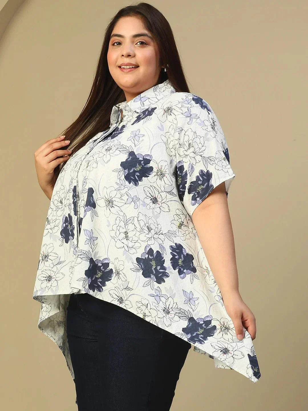 White Floral Print Button Down Short Sleeve High Low Plus Size Women Dobby Top - Image 3