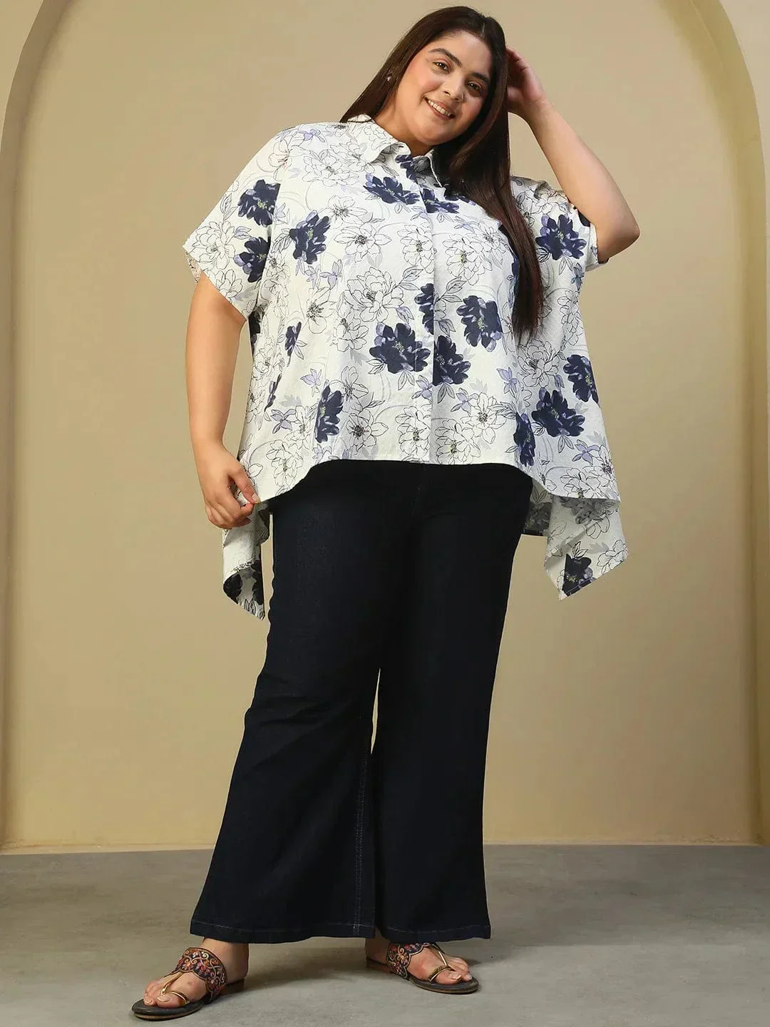 White Floral Print Button Down Short Sleeve High Low Plus Size Women Dobby Top - Image 7