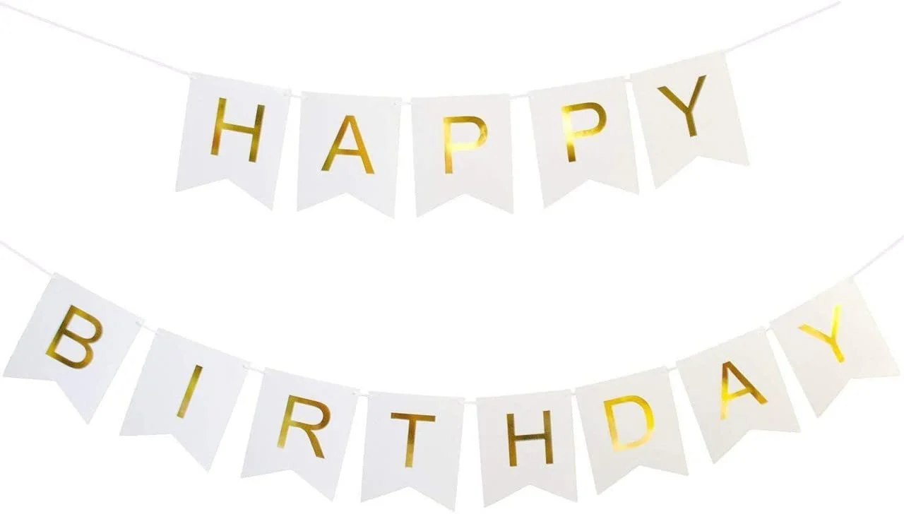 White Happy Birthday Banner And Purple Metallic Balloons (Pack of 30) - Image 2