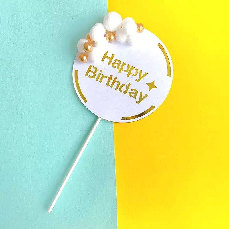 White Happy Birthday Cake Topper With Fuzzy Balls (Pack of 1) - Image 2
