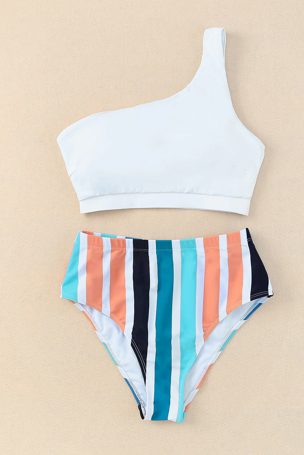 White One Shoulder Striped High Waist Two Pieces Swimsuit - Image 17
