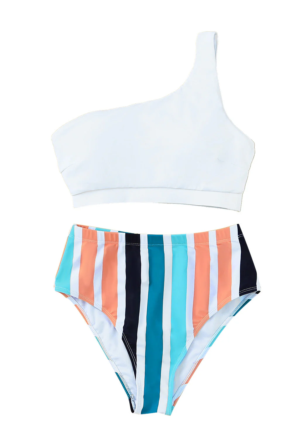 White One Shoulder Striped High Waist Two Pieces Swimsuit - Image 18