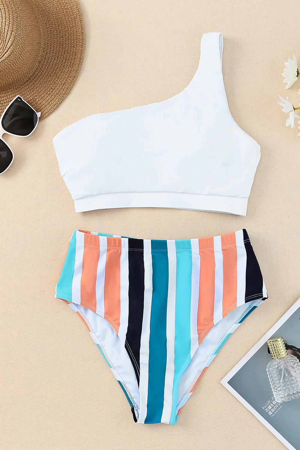 White One Shoulder Striped High Waist Two Pieces Swimsuit - Image 9