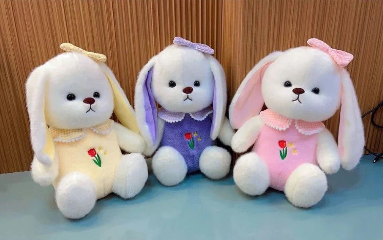 White Plush Bunny Soft Toy, Dress with Tulip Design, 35 cm, Stuffed Animal with Floppy Ears and Ribbon, for Kids - Image 12