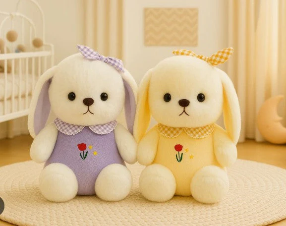 White Plush Bunny Soft Toy, Dress with Tulip Design, 35 cm, Stuffed Animal with Floppy Ears and Ribbon, for Kids - Image 13