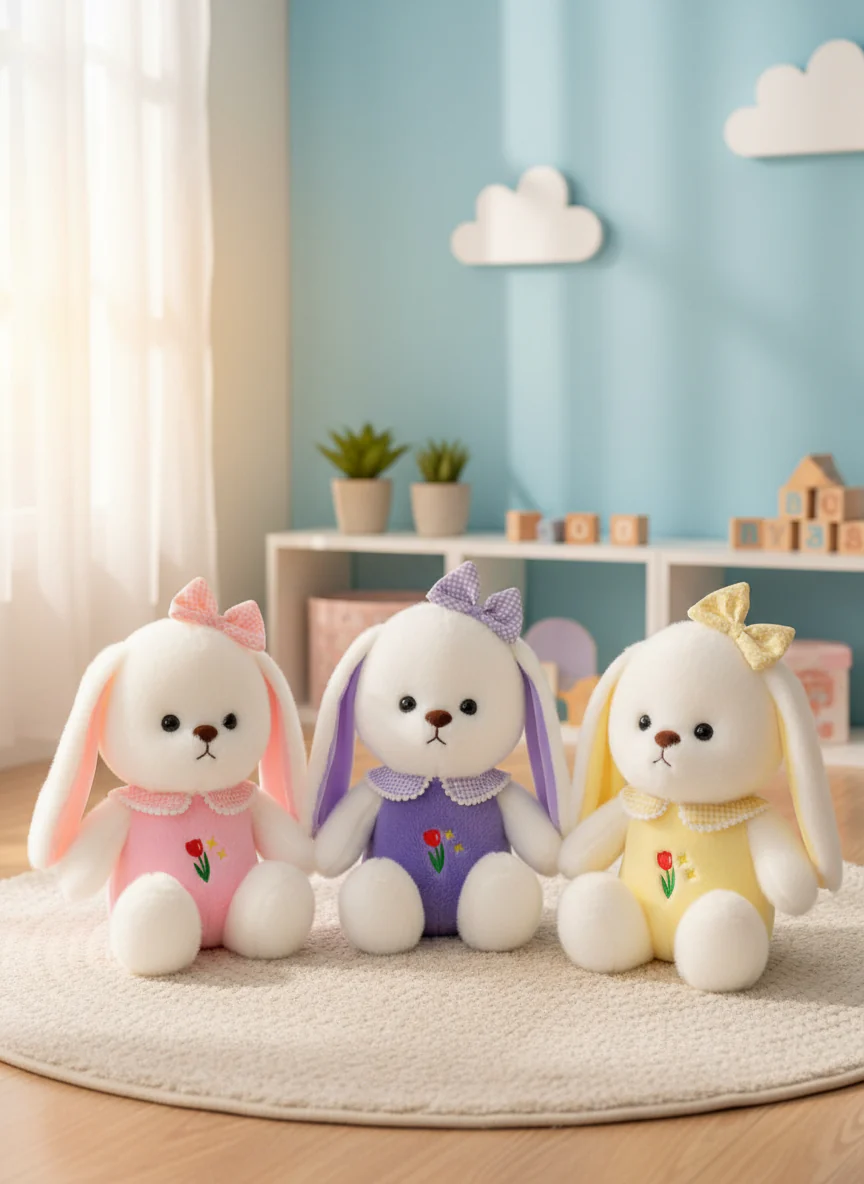 White Plush Bunny Soft Toy, Dress with Tulip Design, 35 cm, Stuffed Animal with Floppy Ears and Ribbon, for Kids - Image 4