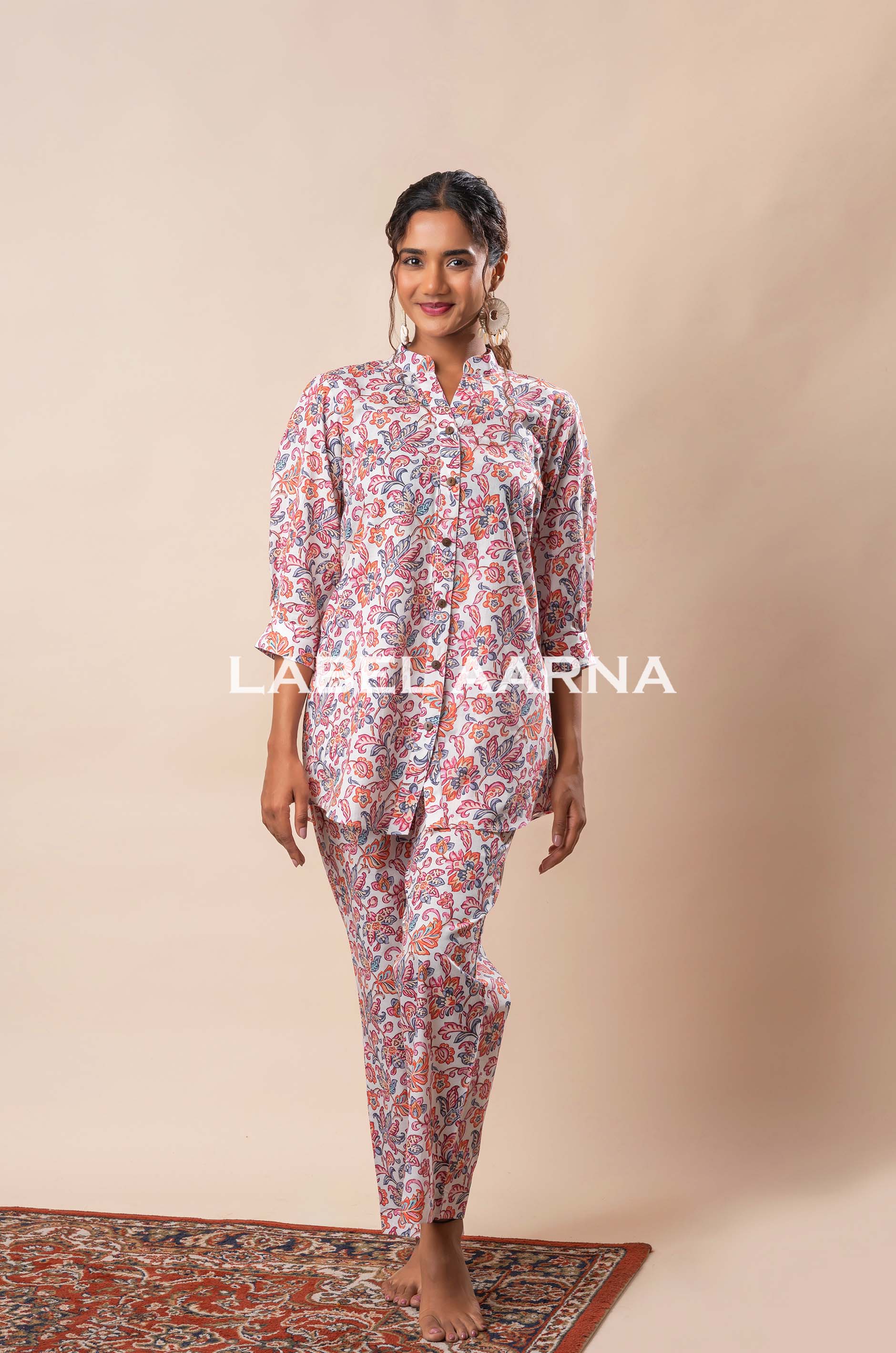 White Pure Cotton Jaal Printed Co-Ord Set