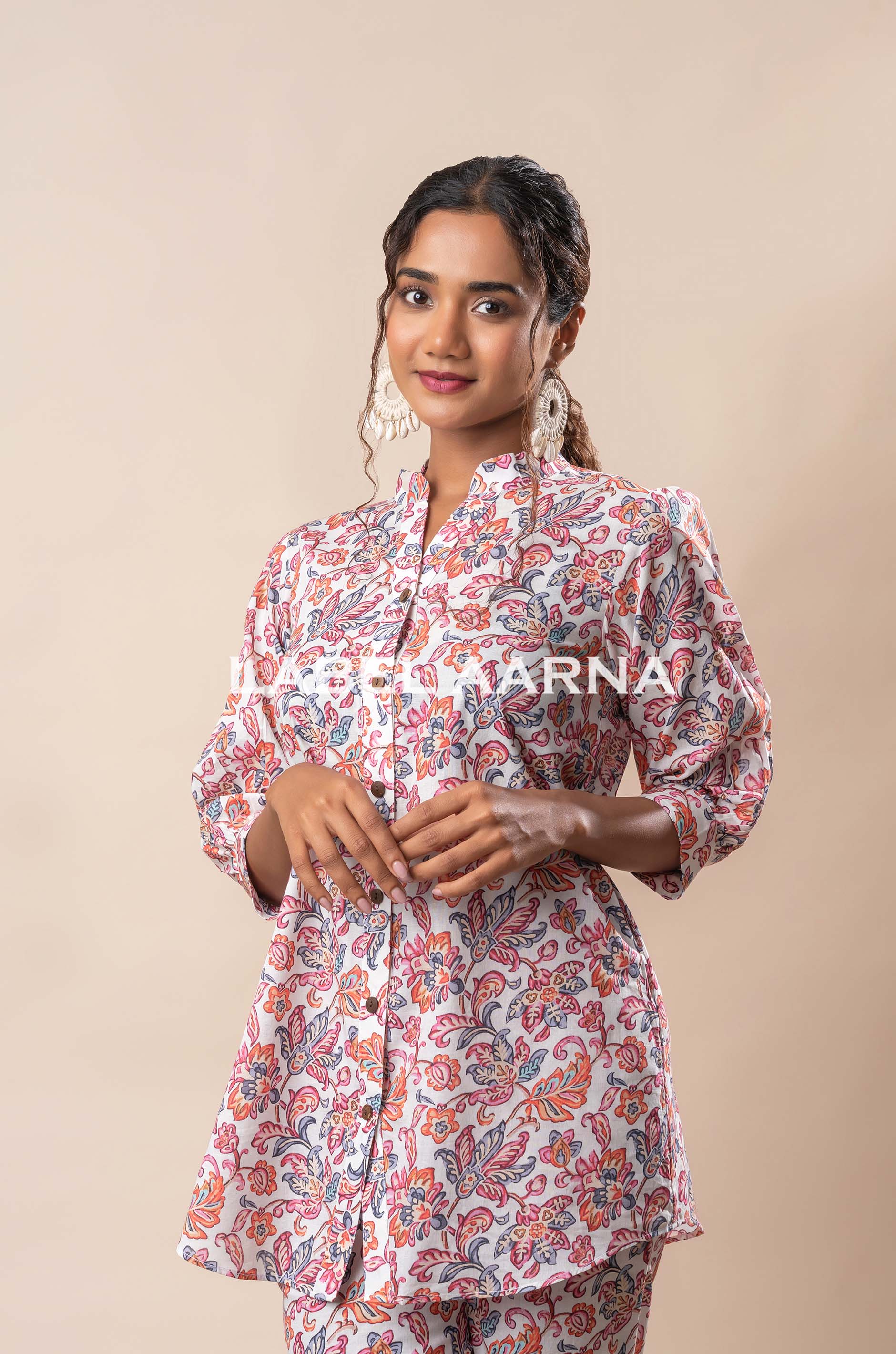 White Pure Cotton Jaal Printed Co-Ord Set - Image 2