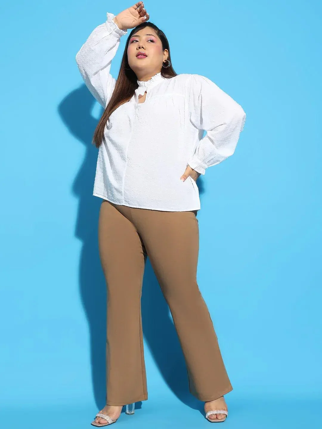White Round Neck With Button & Keyhole Dobby Meld Plus Size Cotton Loopy Top - Image 2