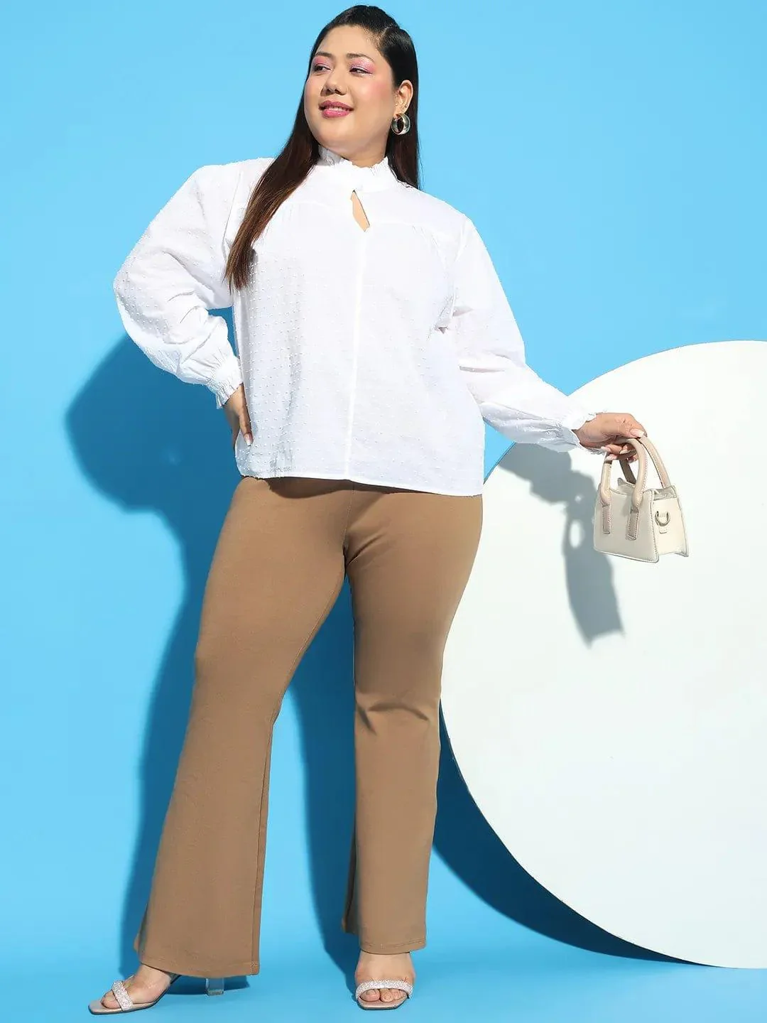 White Round Neck With Button & Keyhole Dobby Meld Plus Size Cotton Loopy Top - Image 7