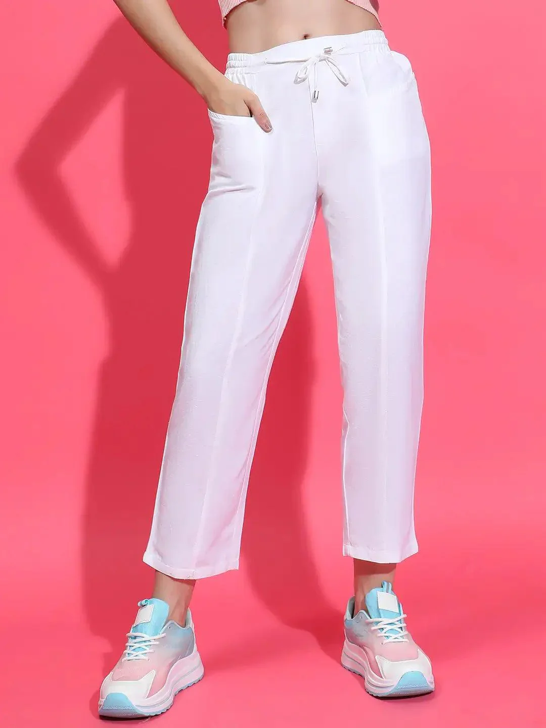 Whizzy White Elasticated Waist With Tie-Knot Detail Cotton Women Trouser