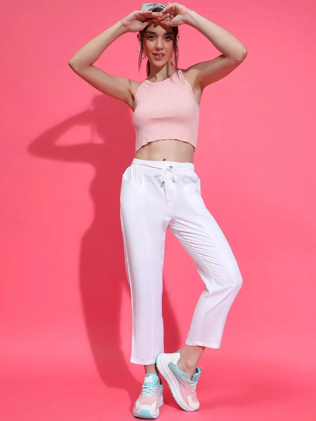 Whizzy White Elasticated Waist With Tie-Knot Detail Cotton Women Trouser - Image 2