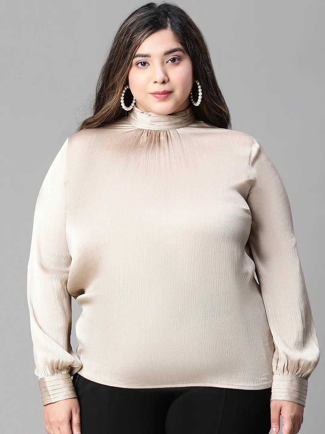 Whole Beige Long Sleeve Plus Size Women Satin Loopy Top